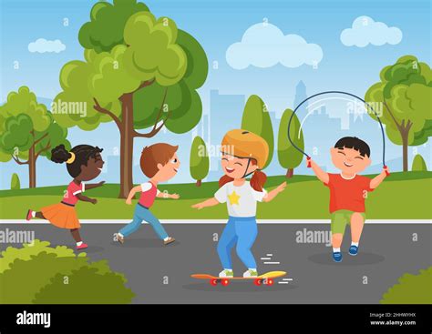 Los Niños Juegan En El Parque De La Ciudad Actividad Saludable De