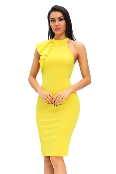 Yellow One Shoulder Ruffle Sleeve Midi Dress Yellow Wedding Dress