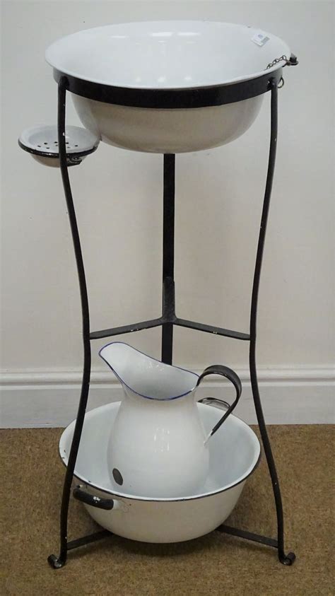 French Style Wrought Metal Wash Stand With Enamel Basin Jug Bowl And