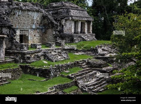 The Palenque Archaeological Zone In A Beautiful Green Landscape Stock