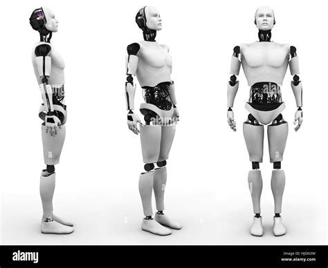 Male Robot Standing A View Of It From Three Different Angles White