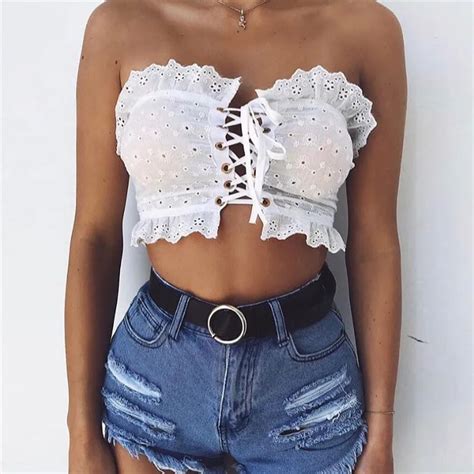 Buy Bkld Fashion Sexy Tube Top Women White Lace Cropped Bandeau Lace Up