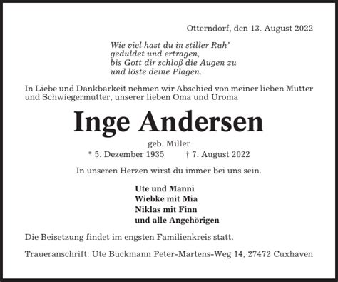 Inge Andersen Traueranzeige Niederelbe Zeitung