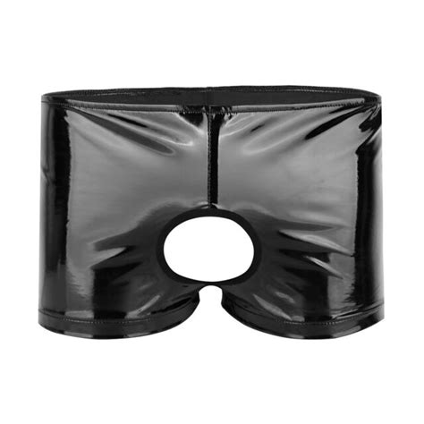 Mens Shiny Patent Leather Open Butt And Front Hole Boxer Briefs Shorts