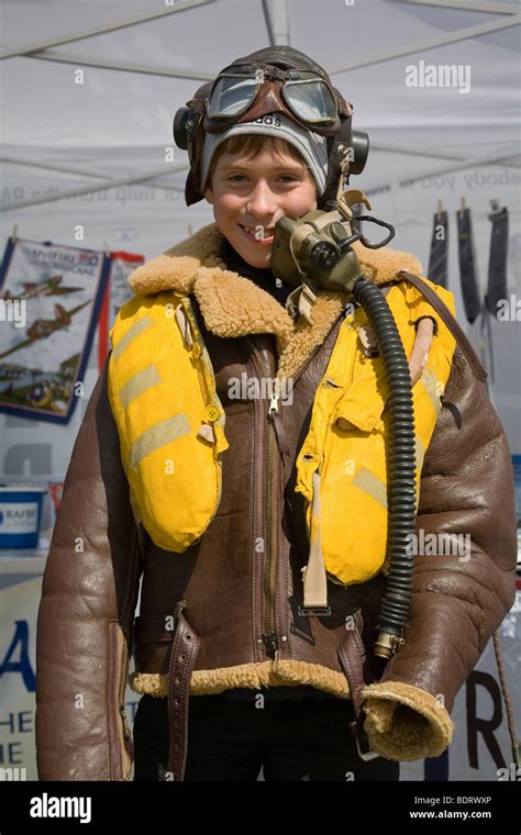 young boy wearing ww pilots leather flight suit life vest  stock photo alamy