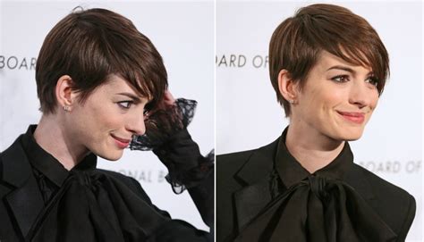 Anne Hathaways Short Pixie Hairstyle With Hair That Rests On The Cheek