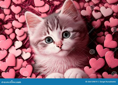 Cute Kitten In Pink Hearts Valentines Day Concept Stock Illustration