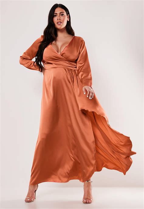 Missguided Plus Size Rust Satin Wrap Maxi Dress In Orange