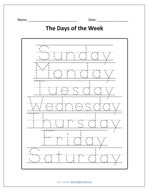Days Of The Week Tracing Worksheet Pdf