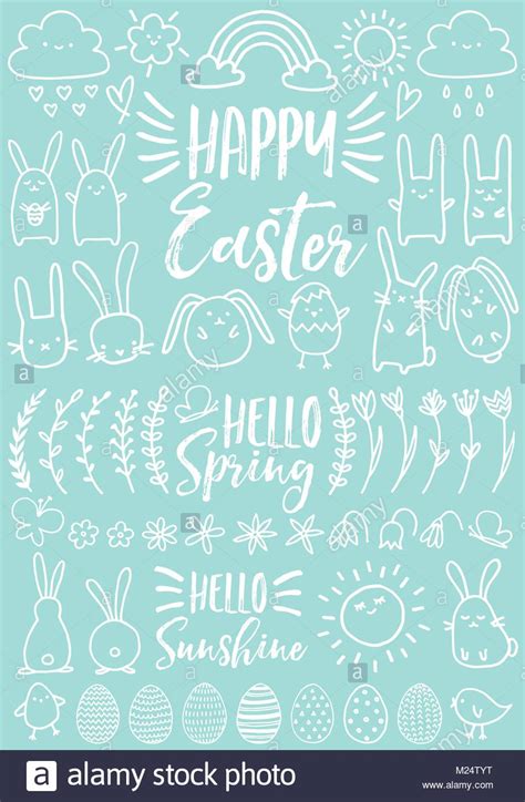 Cute White Easter Doodles Bunnies Eggs And Hand Drawn Flowers Set Of