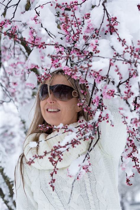 Woman By Cherry Blossom Tree In Snow Stock Image Image Of Blossom