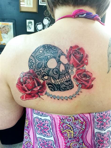 My 34 Black Lace Skull Tattoo Red Roses Pearls And Photo Realism By John Lloyd Lace Skull