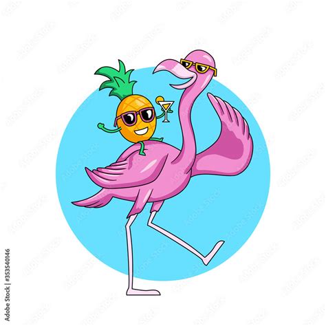 Happy Flamingo Bird Chill Dance With Pineapple Fruit Character Vector