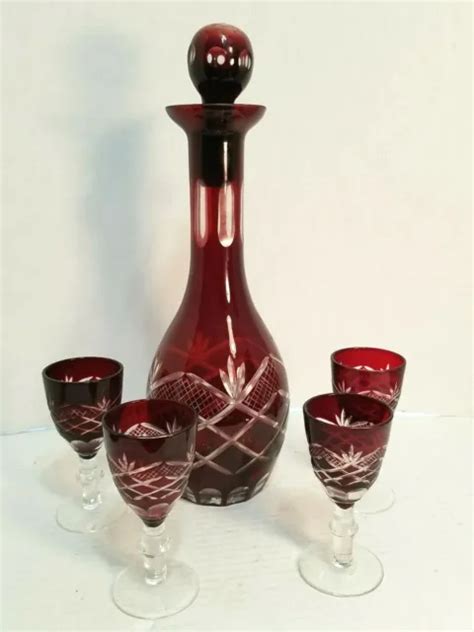 Vintage Bohemian Czech Ruby Red Cut To Clear Decanter Bottle Set 4 Glasses 85 99 Picclick