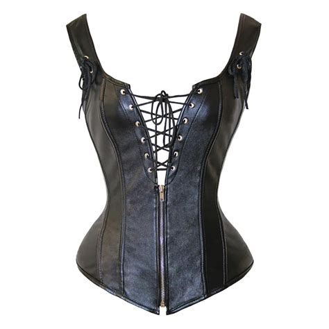 Women Steampunk Faux Leather Corset Overbust Strap Sexy Lace Up Zipper Corset And Bustiers Plus