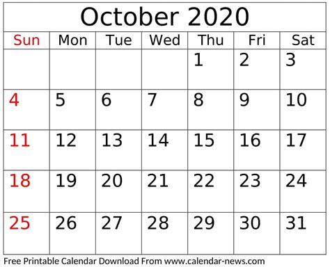 Free Printable October 2020 Calendar Monthly Template