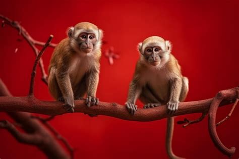 Premium Ai Image Two Monkeys On A Branch With Red Background