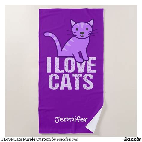 I Love Cats Purple Custom Beach Towel This Cute Purple Cat Beach Towel