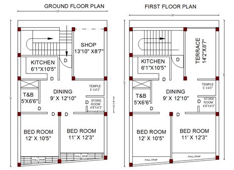 2 Bedroom House Ground Floor And First Floor Plan Autocad File Cadbull