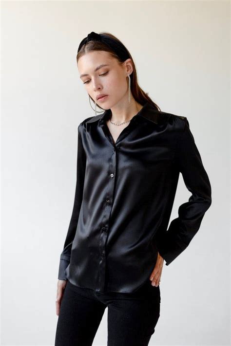 Women Silk Shirt In Black Stretch Silk Blouse Long Sleeve Etsy Black Silk Blouse Long