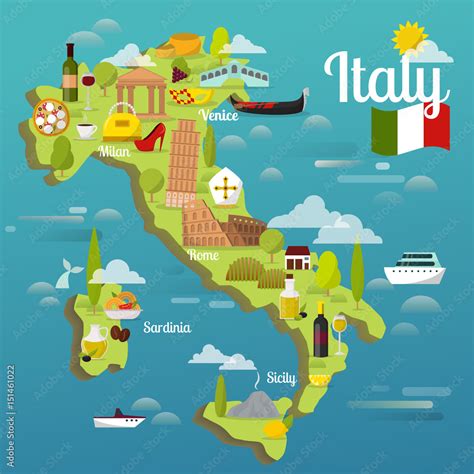 Colorful Italy Travel Map With Attraction Symbols Italian Sightseeing