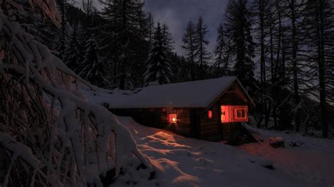 Snowy Cabin In The Winter Forest At Night Hd Wallpaper