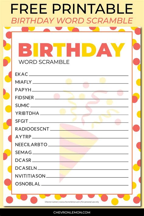 Birthday Word Scramble Free Printable Birthday Words Birthday