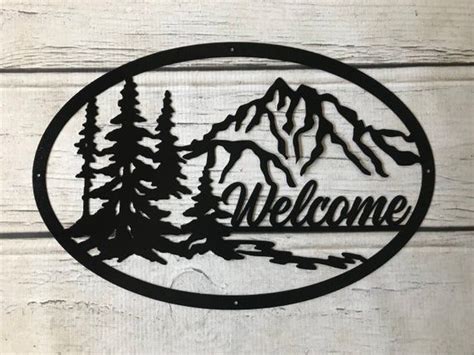 Welcome Mountain Tree Scene Metal Sign Etsy Metal Signs Metal Art