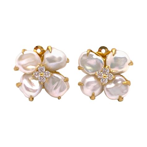 black pearl clip on diamond flower earrings for sale at 1stdibs