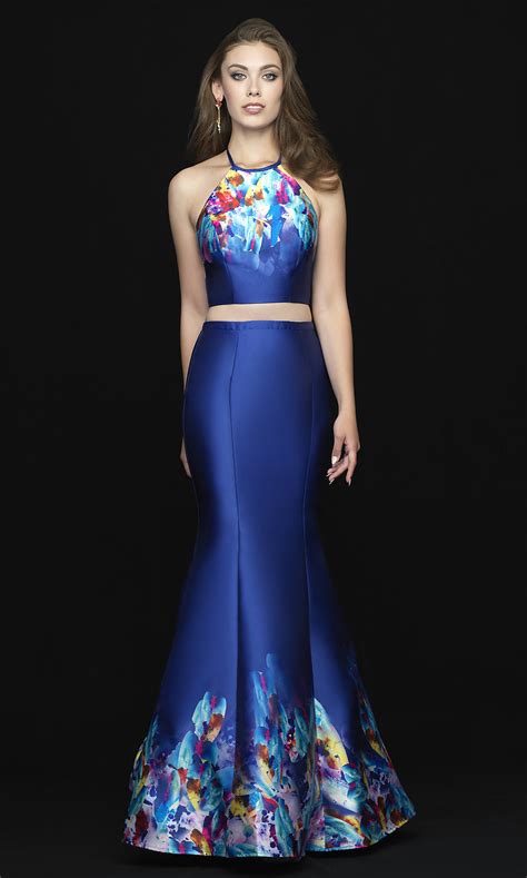 Two Piece Royal Blue Multicolored Print Prom Dress