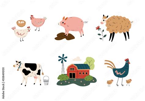 Set Of Farm Animals And Red Barn Agriculture Animal Husbandry