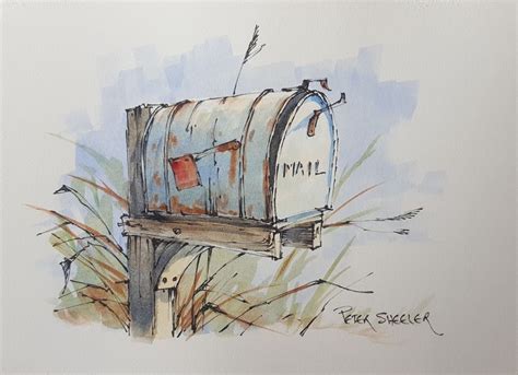 Old Mailbox X Fine Art Original Watercolor Peter Sheeler Line And