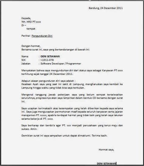 Kumpulan contoh surat resign terlengkap dari berbagi posisi dan bisa anda download surat pengunduran diri kerja dengan format.doc dan dengan bahasa benar. Contoh Surat Penguduran Diri | Resign yang baik