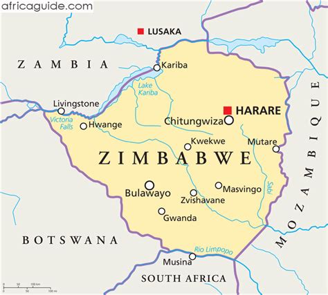 Physical map of zimbabwe showing major cities, terrain, national parks, rivers, and surrounding countries with international borders and outline maps. Zimbabwe Guide