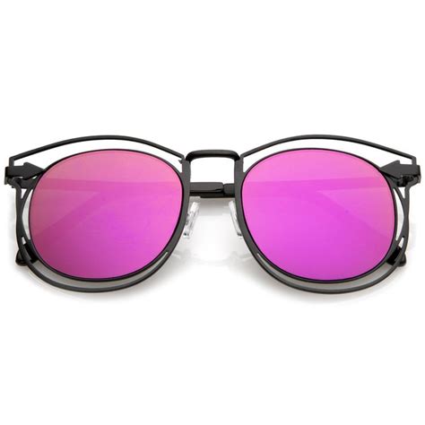 oversize open metal horn rimmed sunglasses with arrow design and round mirror flat lens 55mm