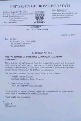 Unicross Postpones Nd Matriculation Ceremony For Academic