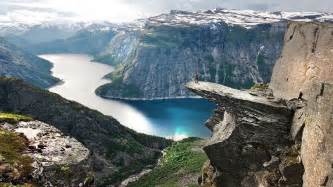 Fjord Sea Cliff Canyon Snow Clouds Rock Norway Landscape