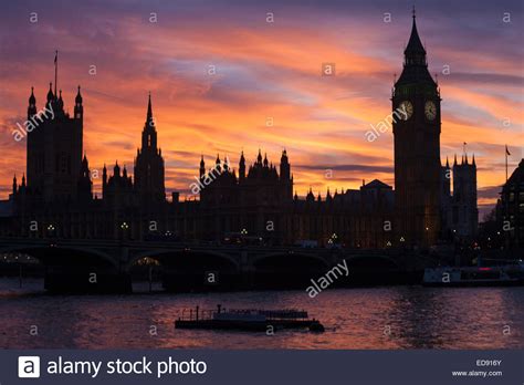 Dramatic Sunset Silhouetting London Skyline Of Big Ben And Houses Of