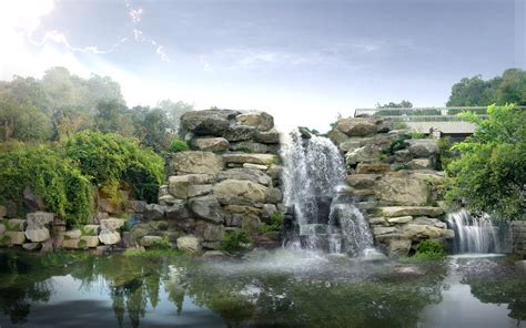Waterfall Fountain Pond Hd Wallpaper Nature And Landscape Wallpaper