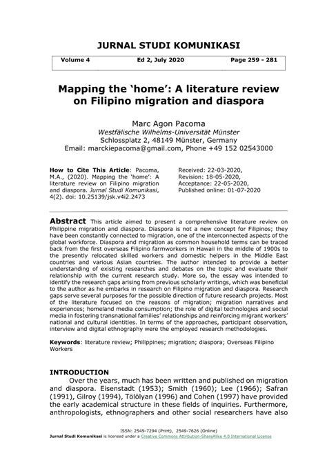 Here is a really good example of a scholary research critique written by a student in edrs 6301. (PDF) Mapping the 'home': A literature review on Filipino migration and diaspora