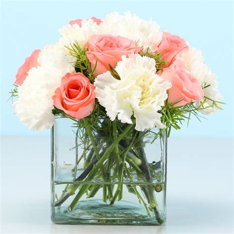 Online Beautiful Pink Roses White Carnations Vase Gift Delivery In Singapore Fnp