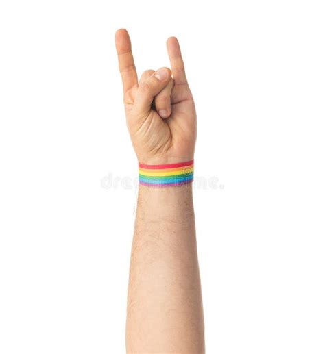 Hand With Gay Pride Rainbow Wristband Shows Rock Stock Image Image Of