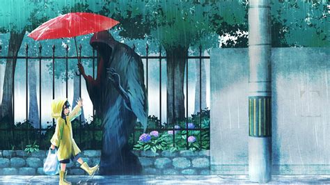 Download 2560x1440 Anime Girl Raining Coat Red Umbrella Shinigami