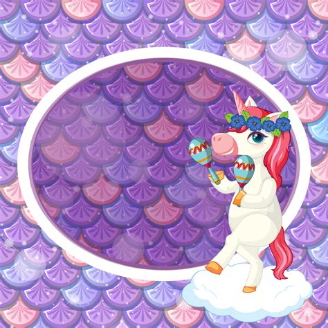 Oval Frame Template On Purple Fish Scales Background With Cute Unicorn