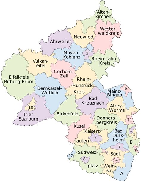 La región de renania (en alemán, rheinland) es el nombre con el que se designa a las tierras de ambos lados del río rin, al oeste de alemania. Mapas politico de Renania-Palatinado