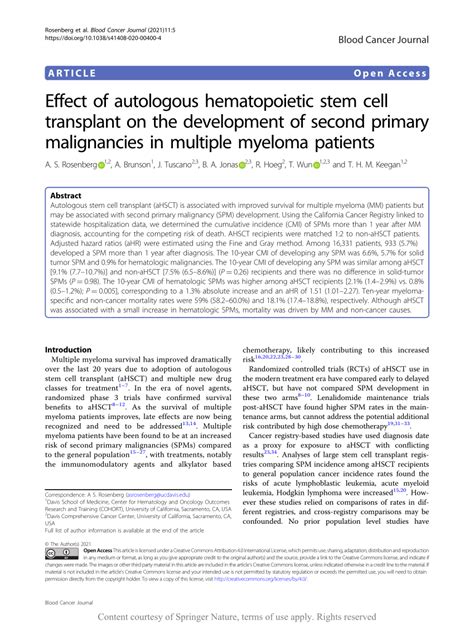 Pdf Effect Of Autologous Hematopoietic Stem Cell Transplant On The
