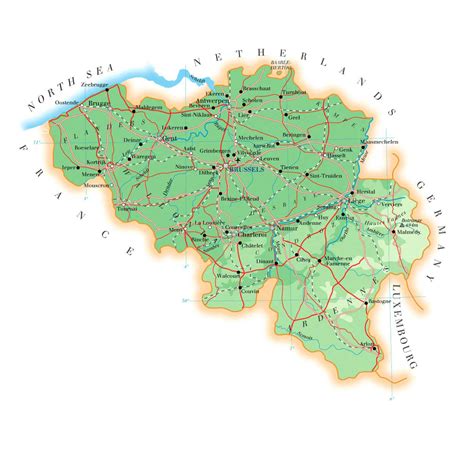 Detailed Physical Map Of Belgium With All Roads Cities And Airports