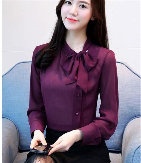 2018 Spring Office Work Long Sleeve Bow Tie Purple Chiffon Shirts Women