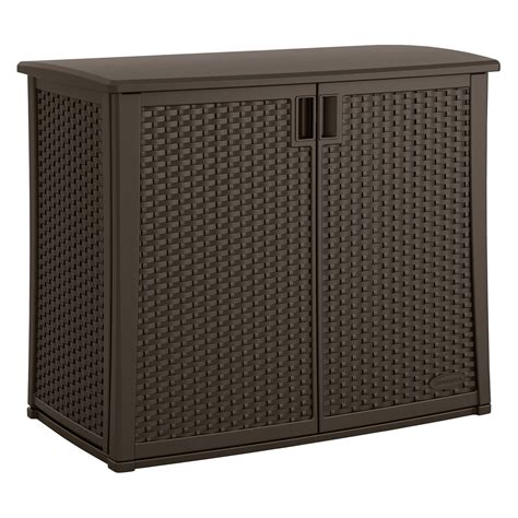 Suncast 97 Gallon Outdoor Resin Wicker Deck Storage Cabinet Java Brown