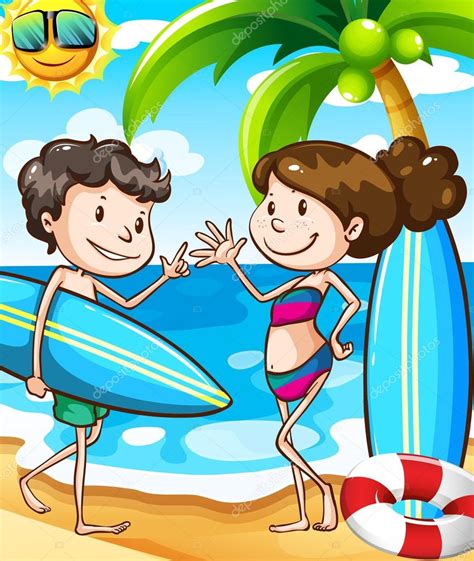 Summer Beach Scene With Boy And Girl Stock Vector Image By